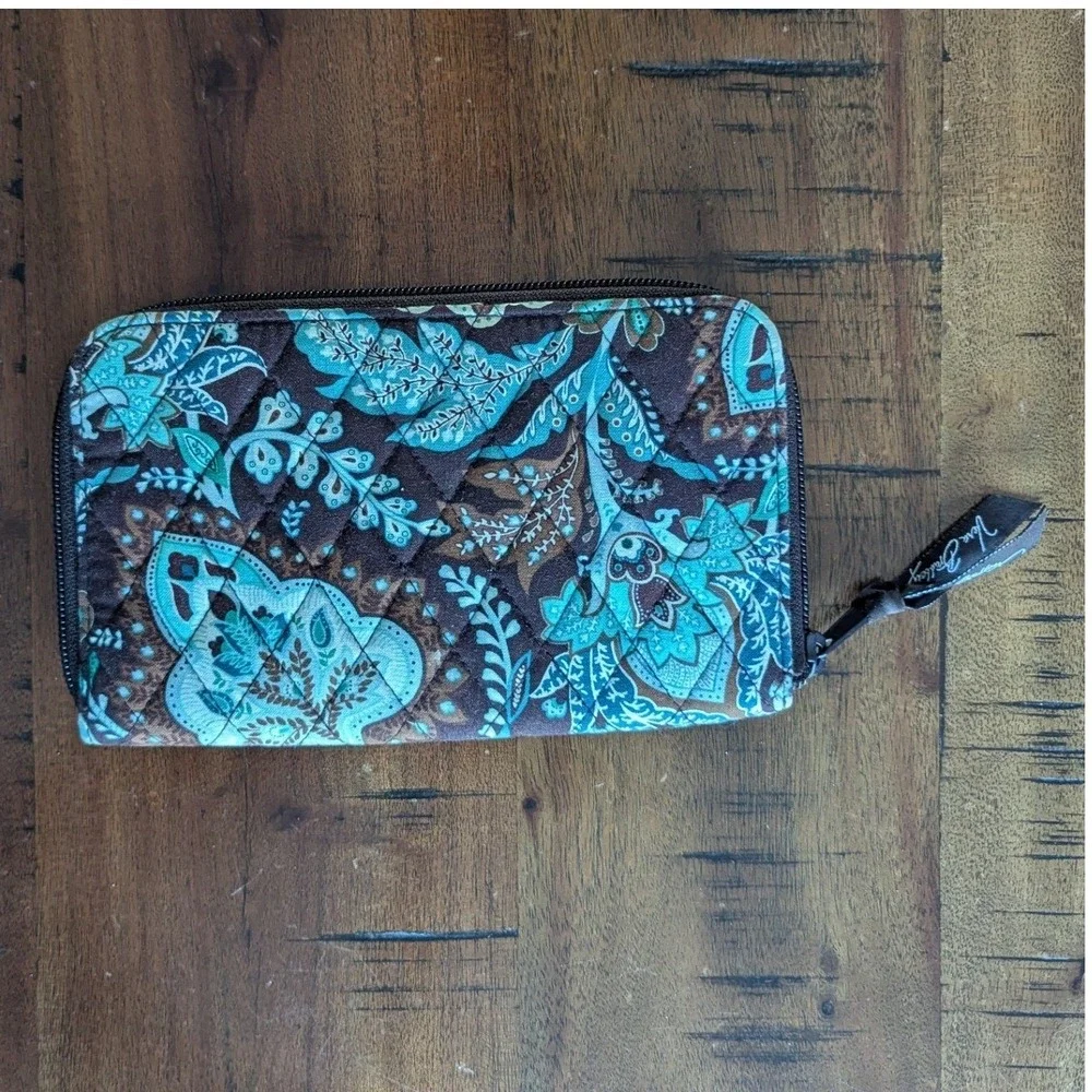 Vera Bradley Zip Around Wallet Teal Brown Paisley Floral Cotton Quilted Slim